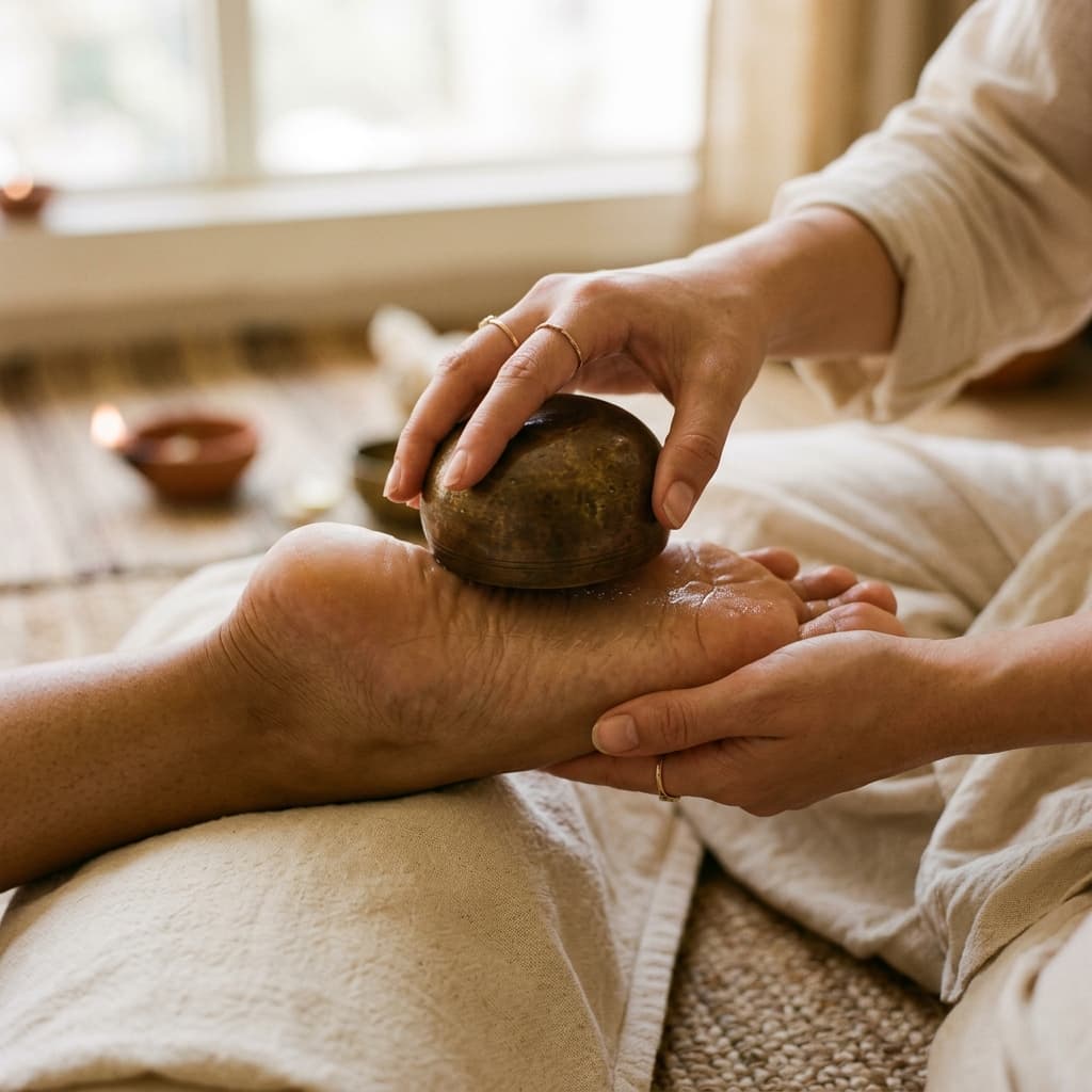 Massage des pieds au Bol Kansu traditionnel