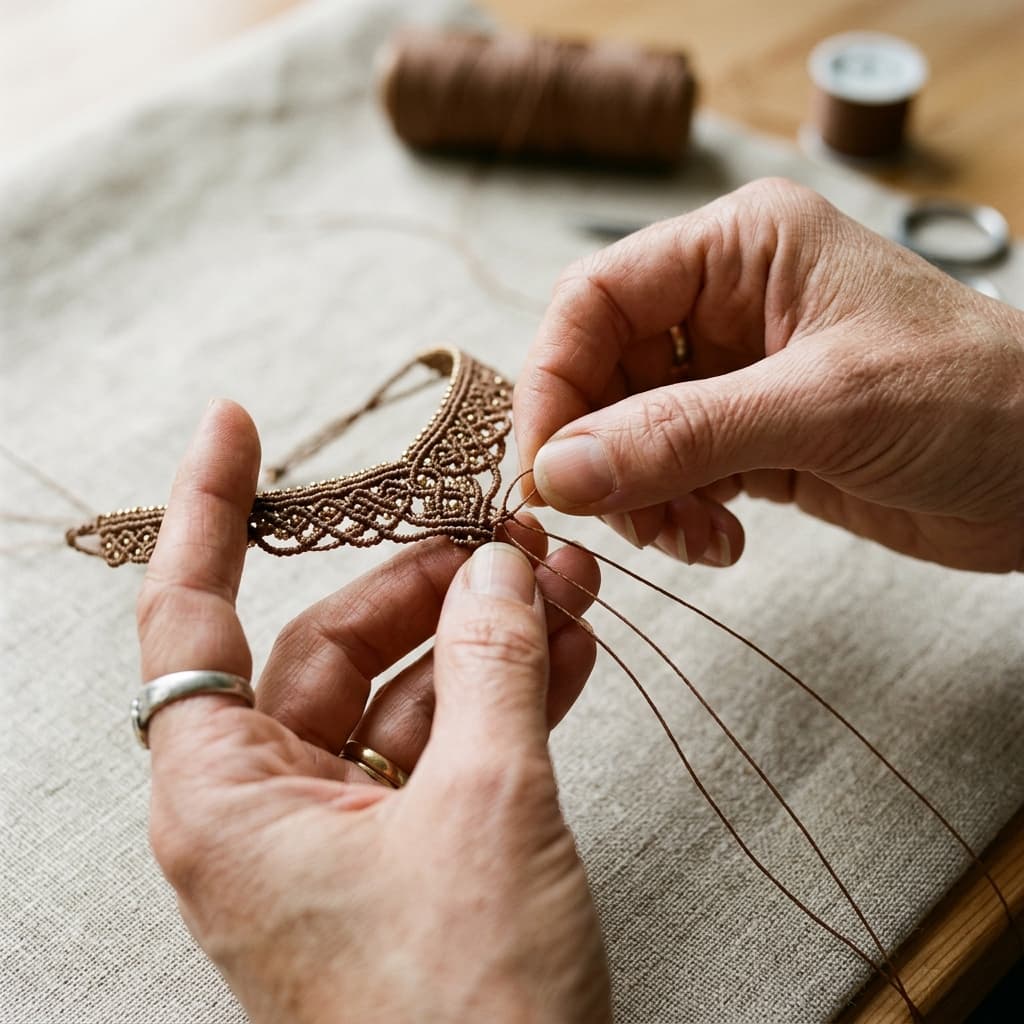 Mains d'artisane réalisant un tressage précis de bijou en micro-macramé