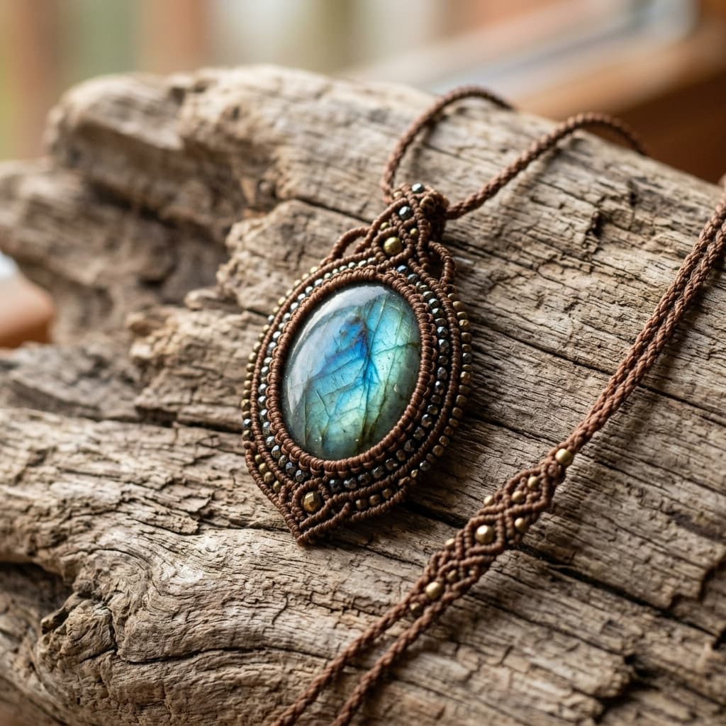 Détails fins de bijoux tressés en micro-macramé Côte d’Albâtre